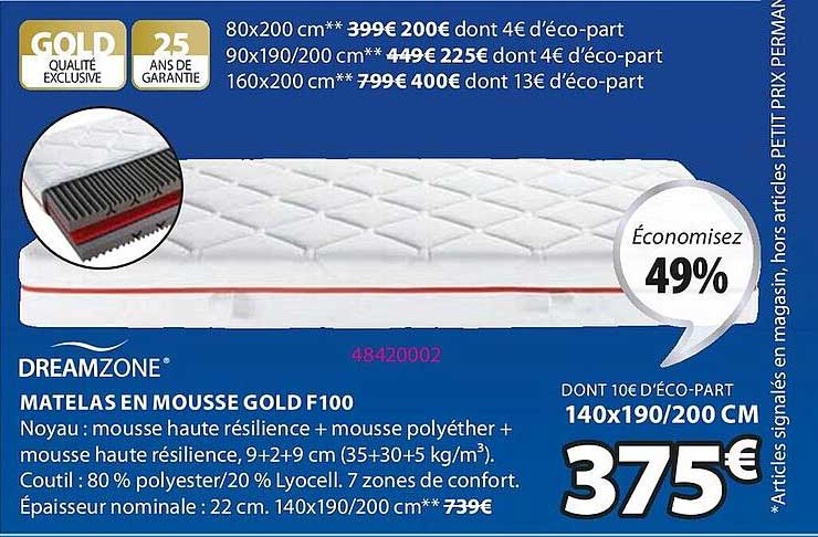 dreamzone matelas en mousse gold f100
