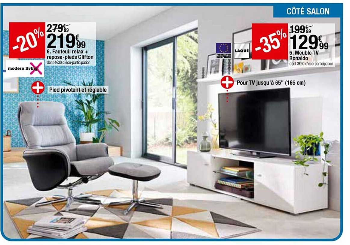 fauteuil relax + repose-pieds clifton, meuble tv ronaldo