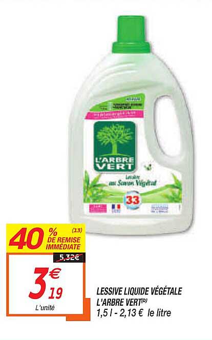 lessive liquide végétale l'arbre vert 40% de remise immédiate