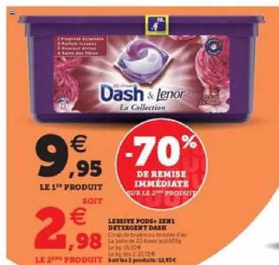 lessive pods 2en1 détergent dash -70% de remise immédiate sur le 2ème produits