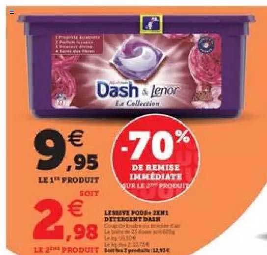 lessive pods 2en1 détergent dash -70% de remise immédiate sur le 2ème produits