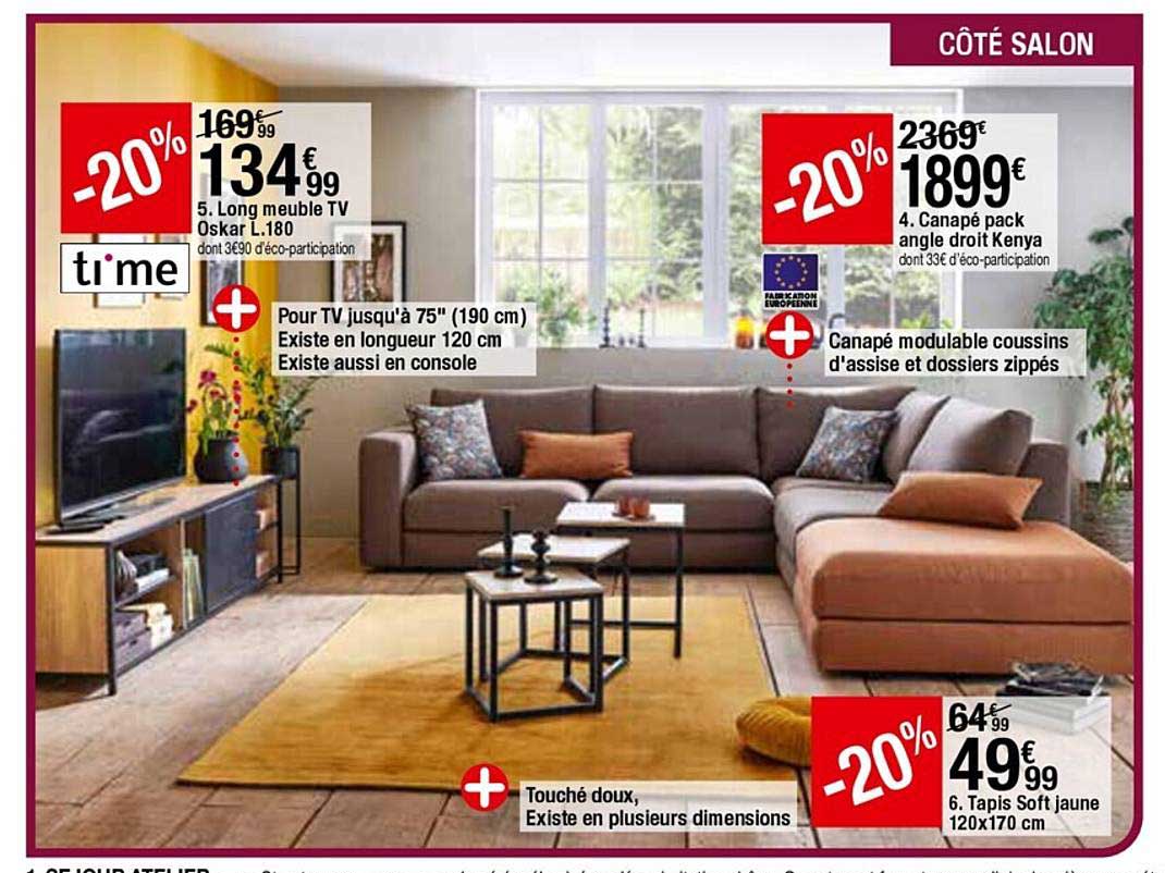 long meuble tv oskar l. 180, canapé pack angle droit kenya, tapis soft jaune 120 x 170 cm