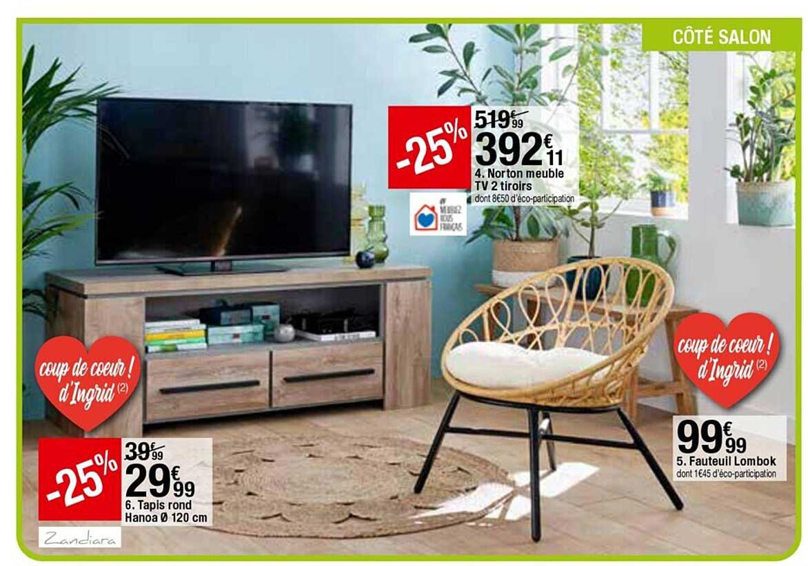 tapis rond hanoa 120 cm, norton meuble tv 2 tiroirs, fauteuil lombok