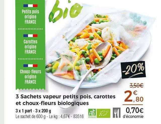 3 sachets vapeur petits pois, carottes et choux-fleurs biologiques