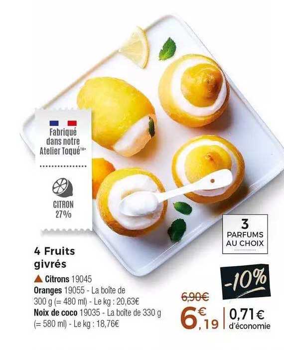 4 fruits givrés citrons, oranges ou noix de coco