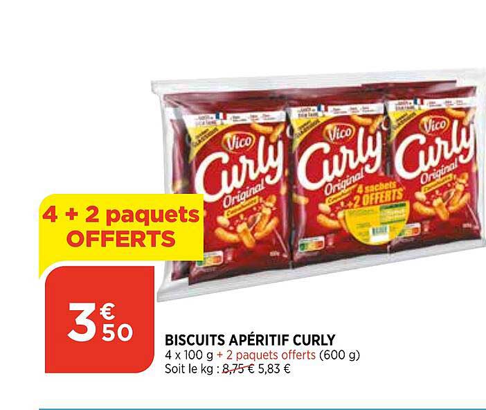 biscuits apéritif curly 4 + 2 paquets offerts