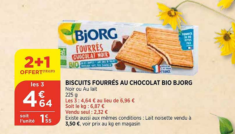 Biscuits Fourrés Au Chocolat Bio Bjorg 2+1 Offert
