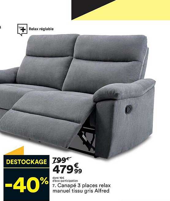 canapé 3 places relax manuel tissu gris alfred