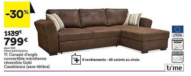 canapé d'angle convertible méridienne réversible gobi casablanca