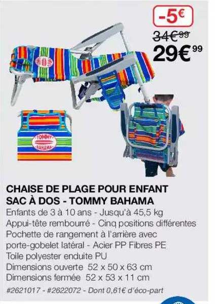 chaise de plage pour enfant sac à dos - tommy bahama