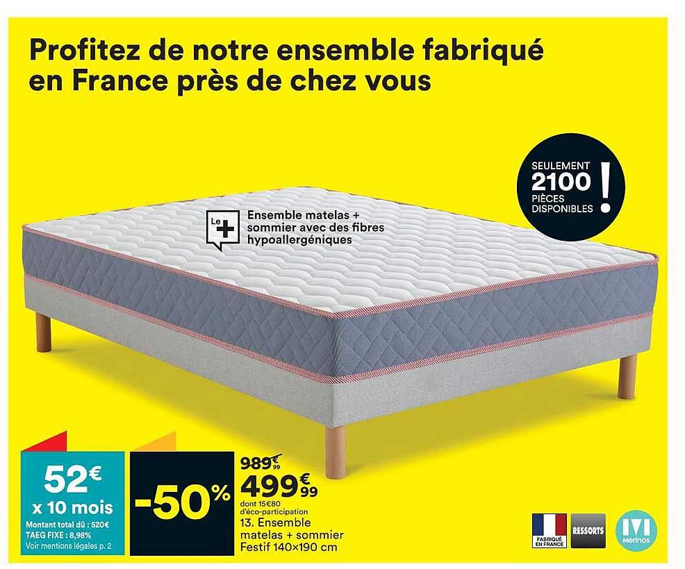 ensemble matelas + sommier festif 140 x 190 cm