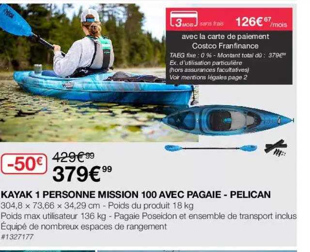 kayak 1 personne mission 100 avec pagaie - pelican
