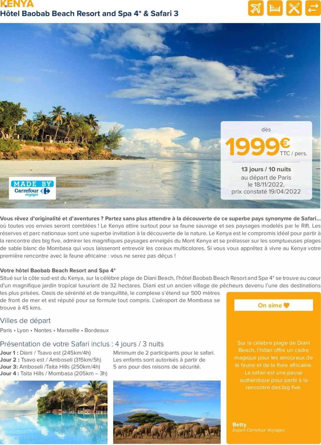 kenya : hôtel baobab beach resort and spa 4* & savari 3