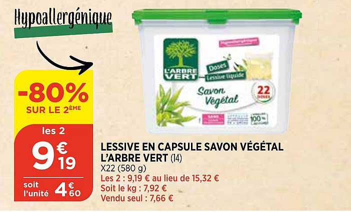 lessive en capsule savon végétal l'arbre vert -80% sur le 2ème