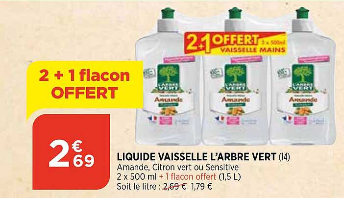 liquide vaisselle l'arbre vert 2+1 flacon offert