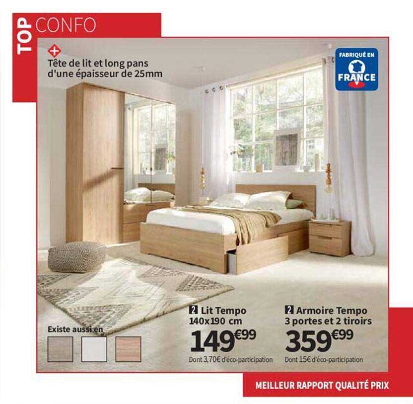 Lit Tempo 140 X 190 Cm, Armoire Tempo 3 Portes Et 2 Tiroirs