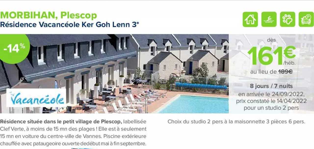 morbihan, plescop : résidence vacancéole ker goh lenn 3*