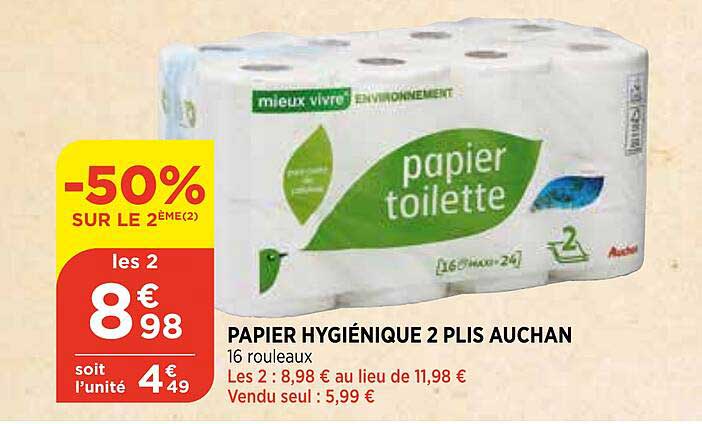 papier hygiénique 2 plis auchan -50% sur le 2ème