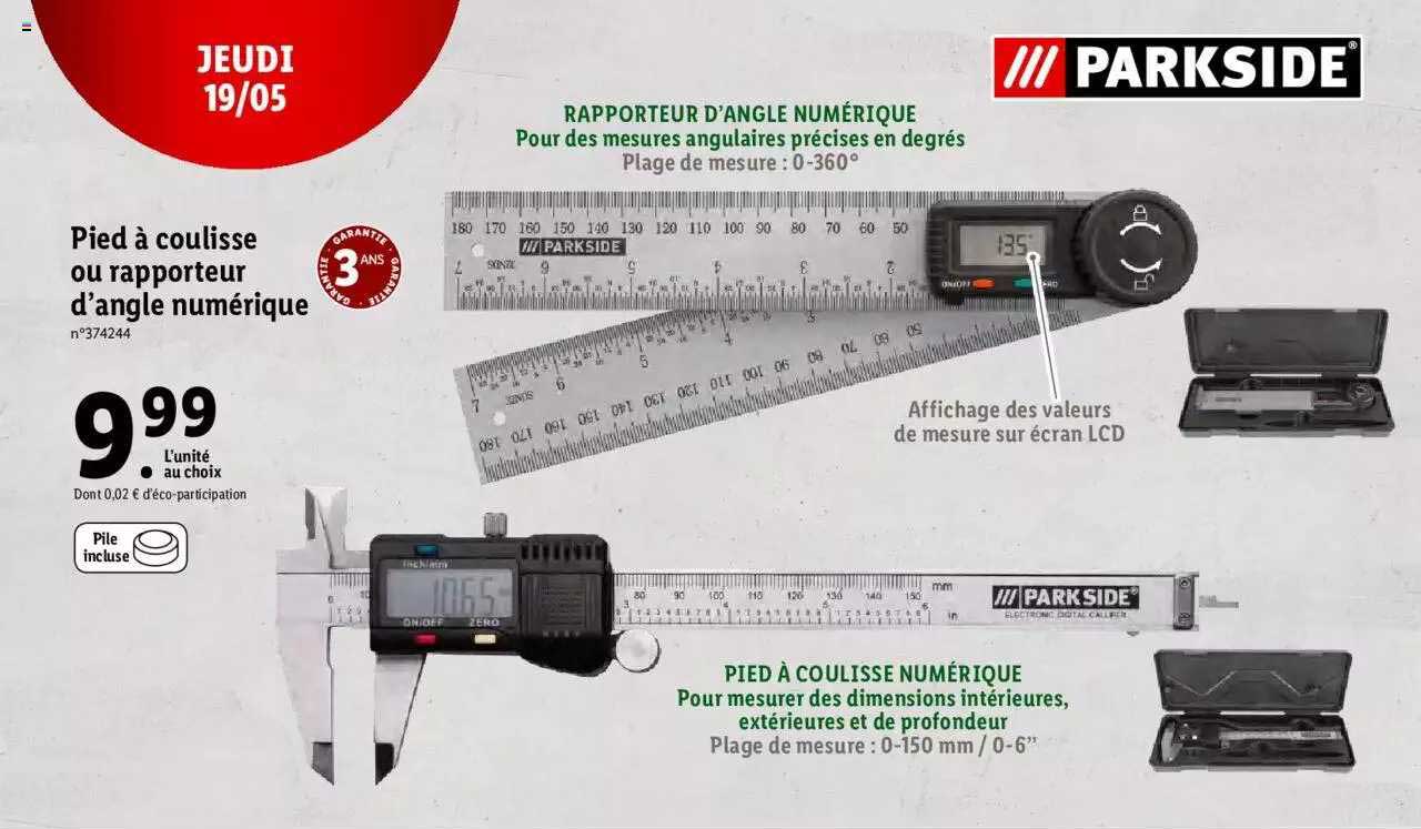pied à coulisse ou rapporteur d'angle numérique parkside