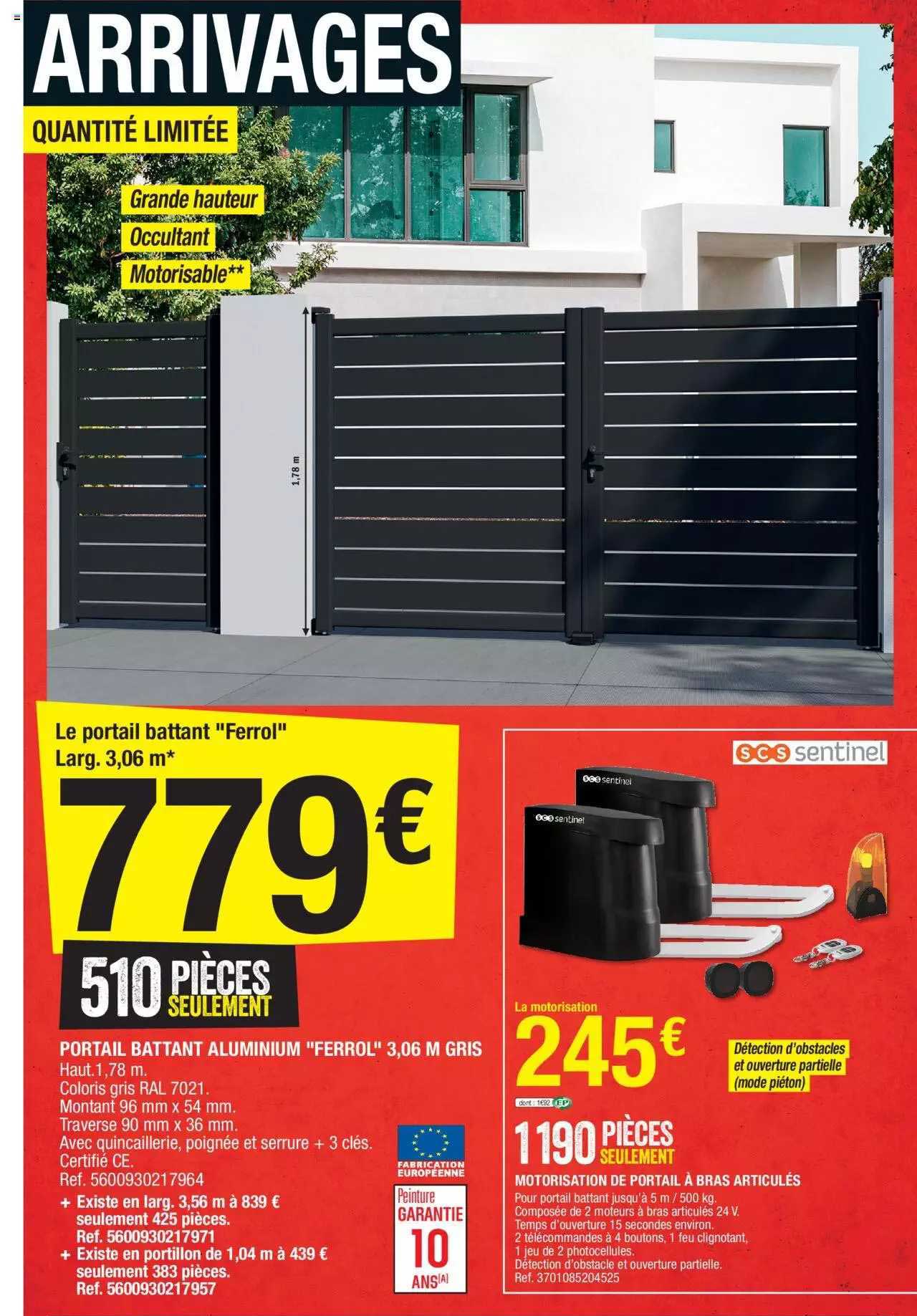 portail battant aluminum "ferrol" 3.06 m gris motorisation de portail à bras articulés