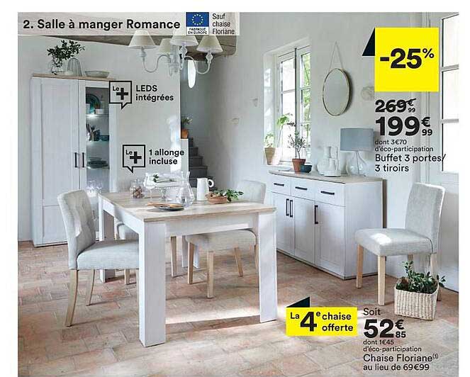 salle à manger romance, buffet 3 portes - 3 tiroirs, chaise floriane