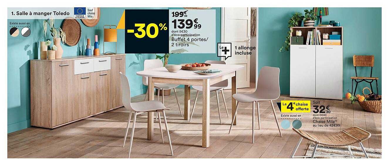 salle à manger toledo, buffet 4 portes-2 tiroirs, chaise mila