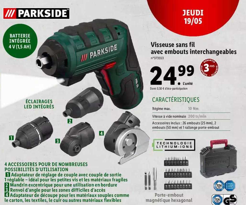 visseuse sans fil avec embouts interchangeables parkside