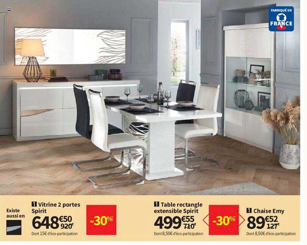 vitrine 2 portes spirit, table rectangle extensible spirit, chaise emy