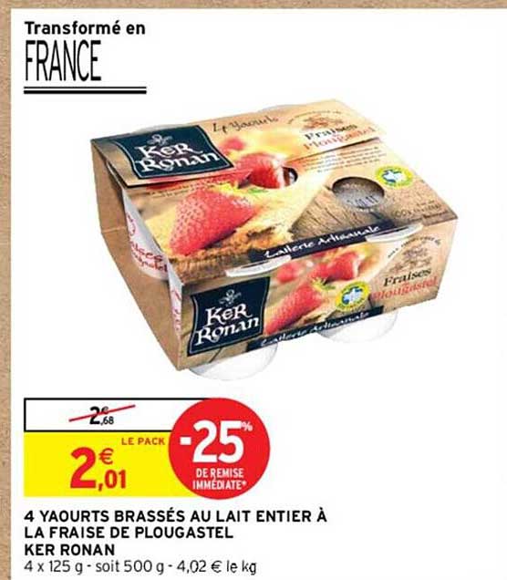 4 yaourts brassés au lait entier à la fraise de plougastel ker ronan