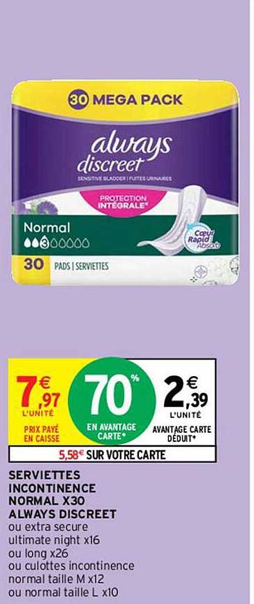 Serviettes Incontinence Normal X 30 Always Discreet