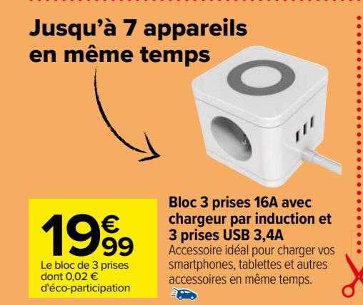 bloc 3 prises 16A avec chargeur par induction et 3 prises usb 3,4A