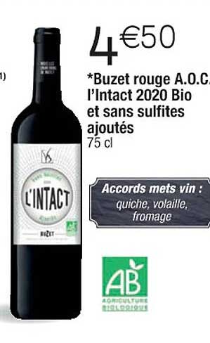 buzet rouge a.o.c. l'intact 2020 bio et sans sulfites ajoutés