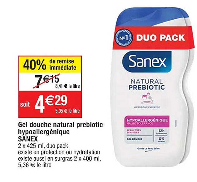 Gel Douche Natural Prebiotic Hypoallergénique Sanex