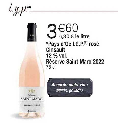 pays d'oc i.g.p. rosé cinsault 12% vol. réserve saint marc 2022