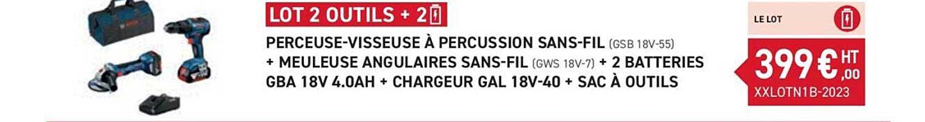 perceuse-visseuse à percussion sans-fil + meuleuse angulaires sans-fil + 2 batteries gba 18v 4.0Ah + chargeur gal 18v-40 + sac à outils