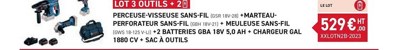 perceuse-visseuse sans-fil + marteau-perforateur sans-fil + meuleuse sans-fil + 2 batteries gba 18v 5,0Ah + chargeur gal 1880 cv + sac à outils