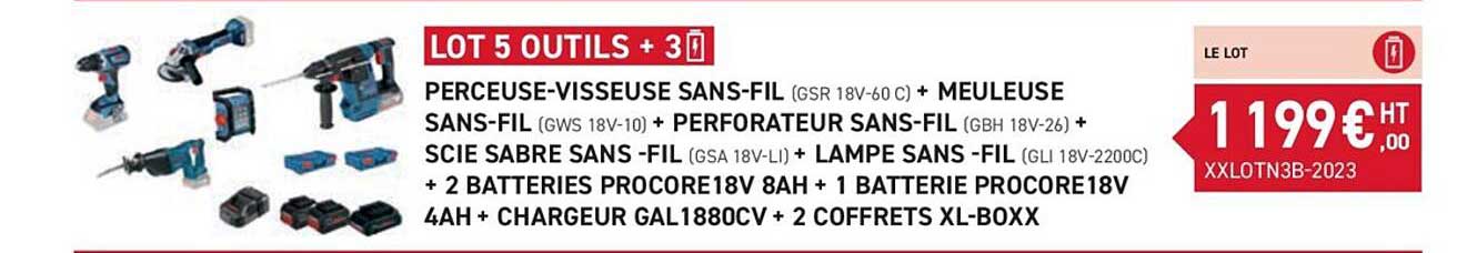 perceuse-visseuse sans-fil + meuleuse sans-fil + perforateur sans-fil + scie sabre sans-fil + lampe sans-fil + 2 batteries procore 18v 8Ah + 1 batterie procore 18v 4Ah + chargeur gal 1880cv