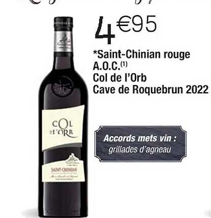 saint-chinian rouge a.o.c. col de l'orb cave de roquebrun 2022