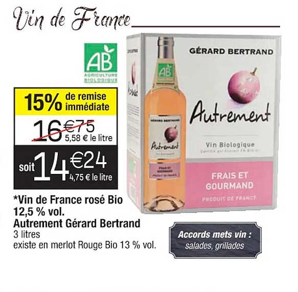 vin de france rosé bio 12,5% vol. autrement gérard bertrand