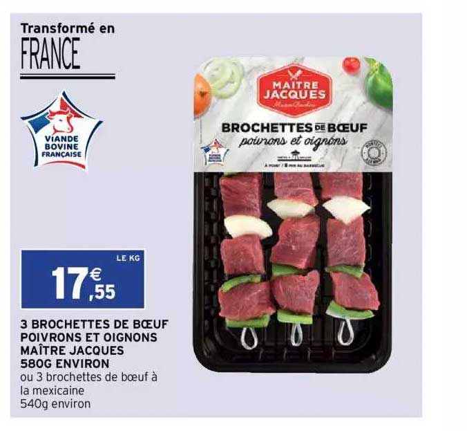 3 brochettes de bœuf poivrons et oignons maître jacques 580 g environ