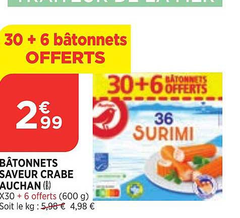 bâtonnets savaur crabe auchan bâtonnets saveur crabe aucha 30+6 bâtonnets offerts