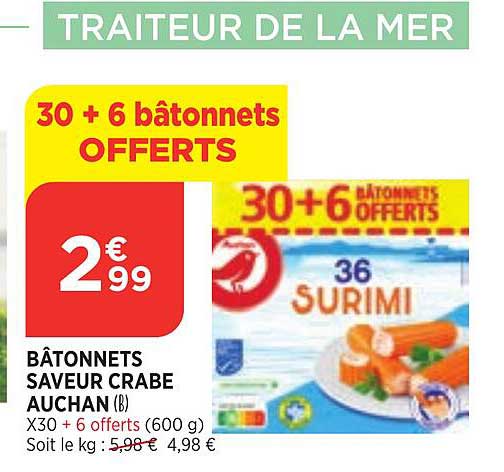 bâtonnets saveur crabe aucha 30+6 bâtonnets offerts