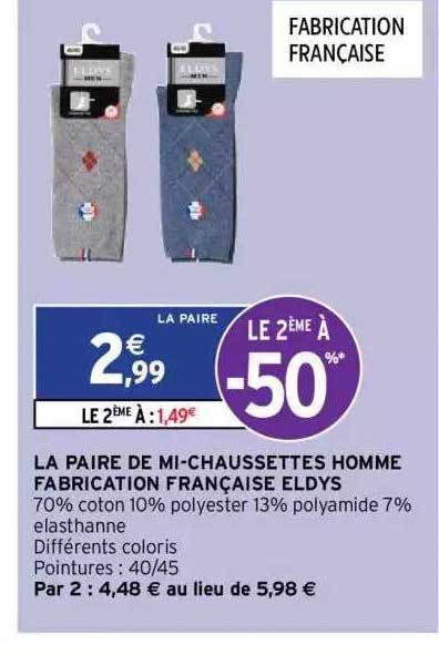 la paire de mi-chaussettes homme fabrication française eldys