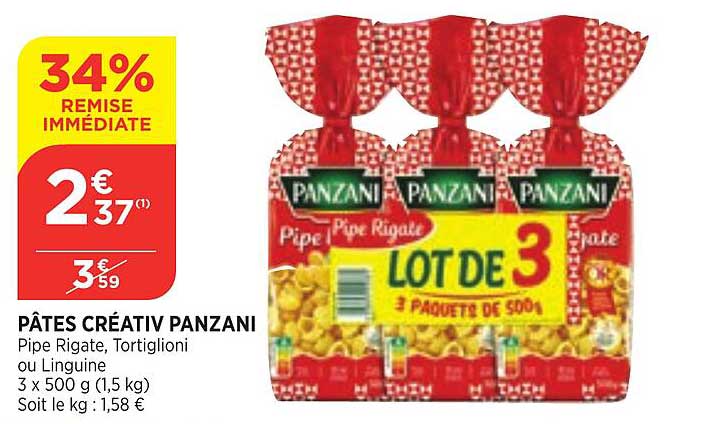 pâtes créativ panzani 34% remise immédiate
