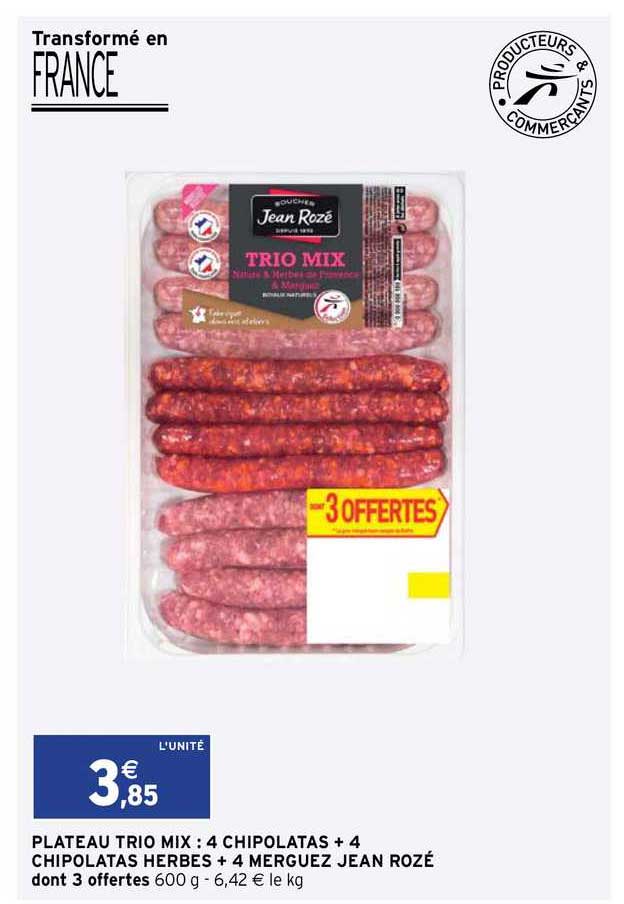 plateau trio mix : 4 chipolatas + 4 chipolatas herbes + 4 merguez jean rozé