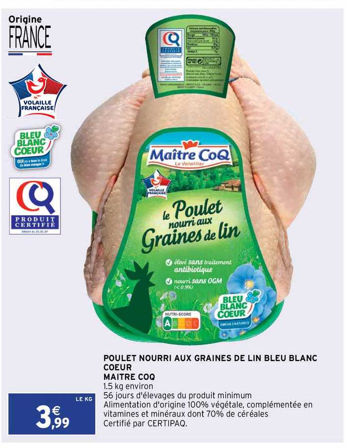 poulet nourri aux graines de lin blanc cœur maître coq