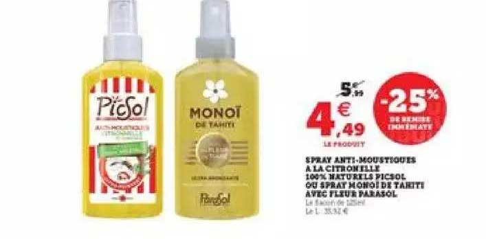 spray anti-moustiques à la citronelle 100% naturels picsol ou spray monoï de tahiti avec fleur parasol