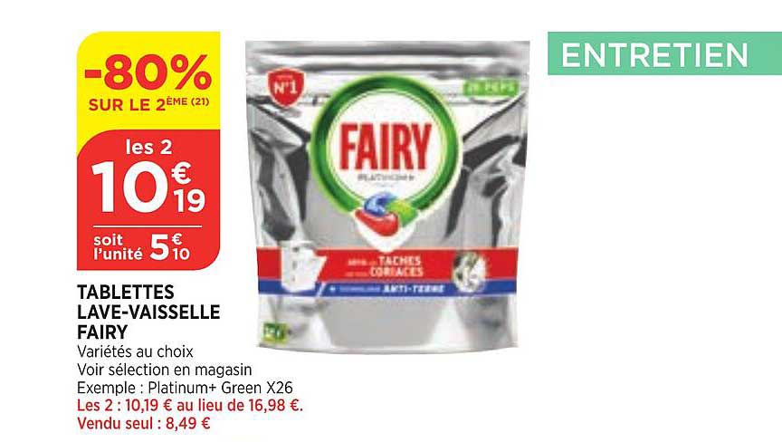 tablettes lave-vaisselle fairy -80% sur le 2ème