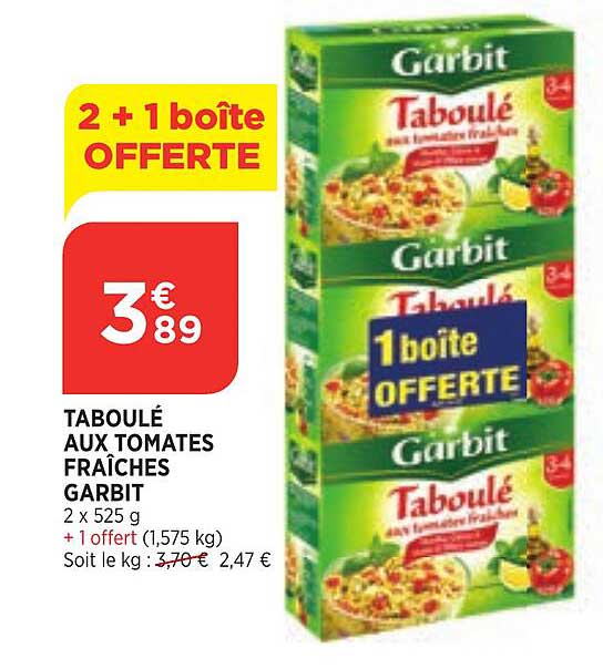 Taboulé Aux Tomatres Fraîches Garbit 2+1 Boîte Offerte