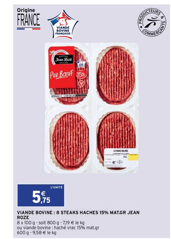 viande bovine : 8 steaks hachés 15% mat.gr jean rozé